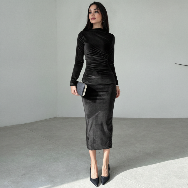 Women's Dress Elegant Velvet Midi Dress Long Sleeve Ruched Bodycon Evening Gown, Black, M