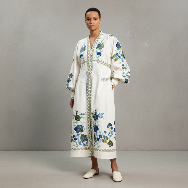 Plus Size Embroidered Cotton Twill Woven Maxi Dress