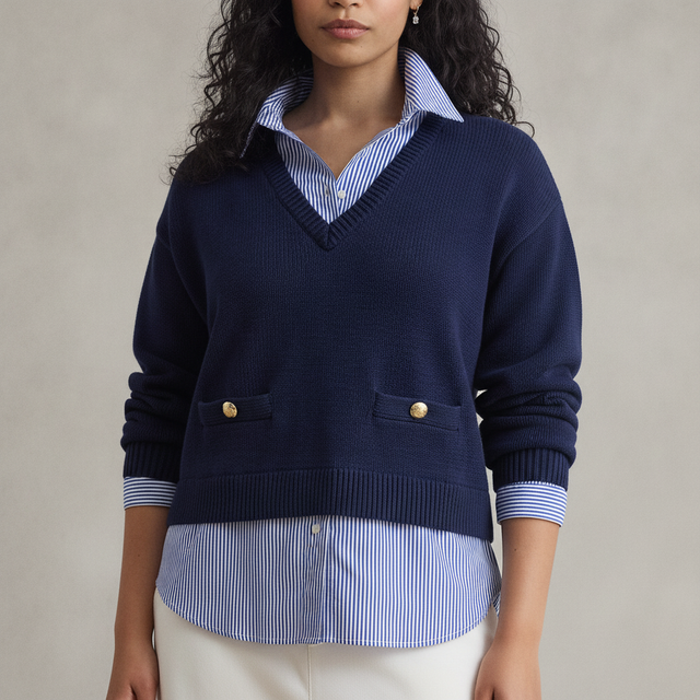 Layered-Look Button Trim Cotton Sweater