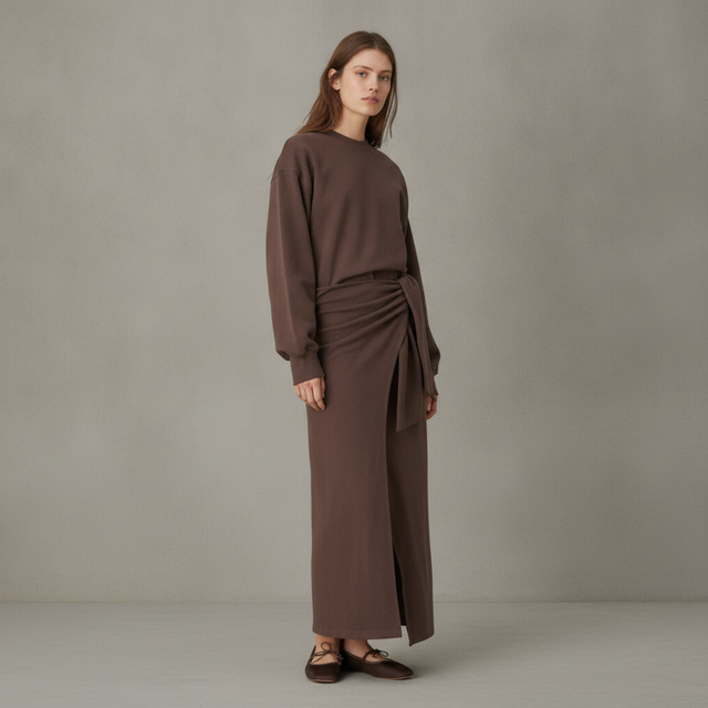 ASOS DESIGN Circular Design Collection wrap midi sweatshirt dress in chocolate