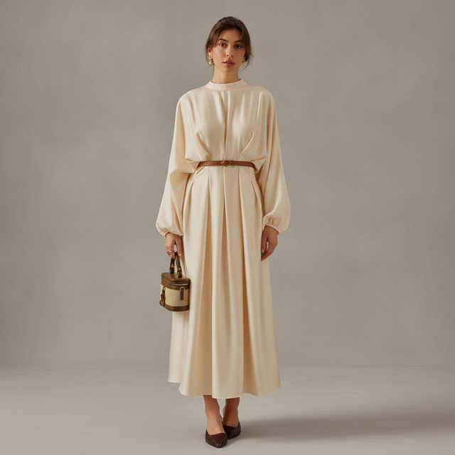 Stand Collar Pleated Cinched Waist Long Sleeve Maxi Dress