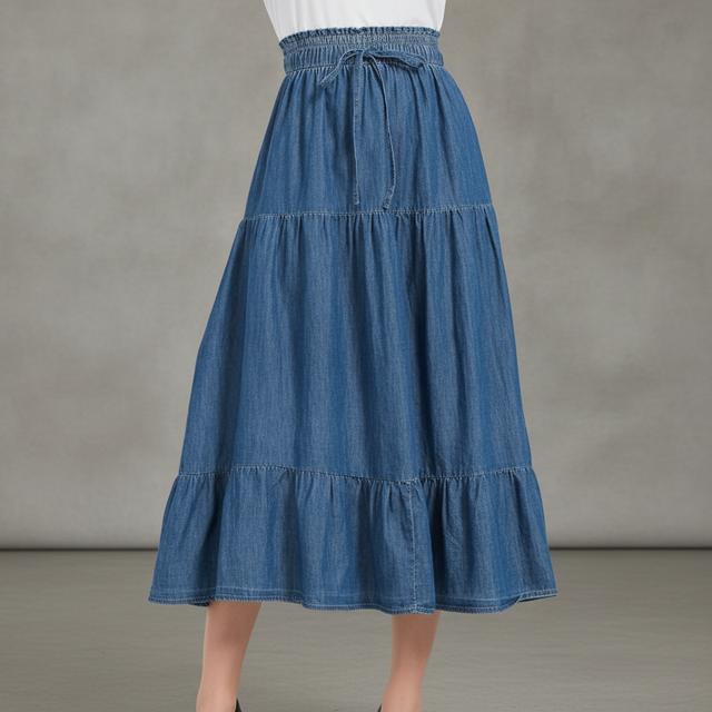 Tronjori Denim Long A-Line Midi Skirt