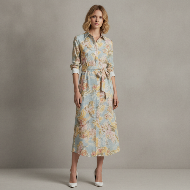 Women's Printed Point Collar Shirt-Dress