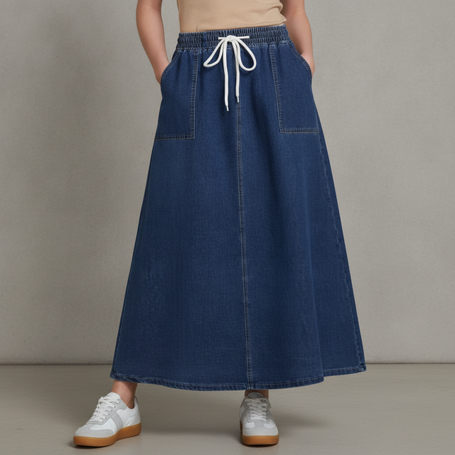 Luvamia Denim Long A-Line Maxi Skirt