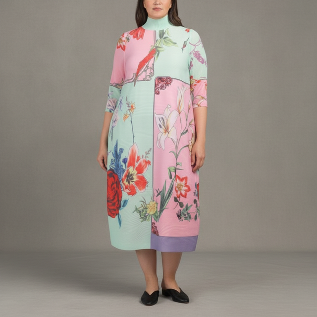 NANCY YANG Plus A-line Crinkle Floral Midi Dress