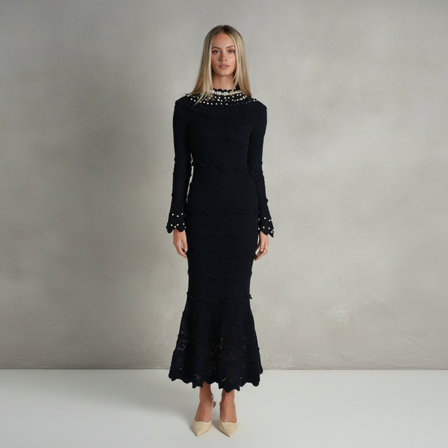 Pearl Knit Midi Dress – Navy