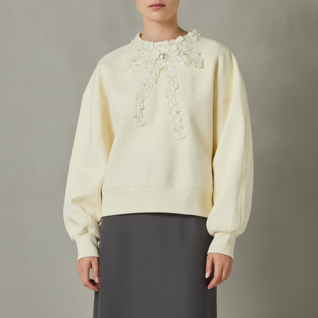 Beaded Ribbon Neck Sweatshirt