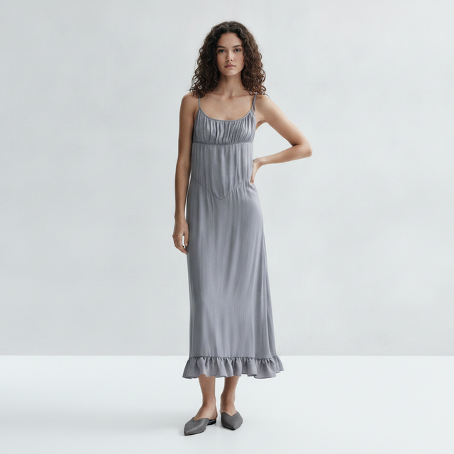 Women's Gray Ruffle-Trimmed Dress with Tie Shoulder Straps