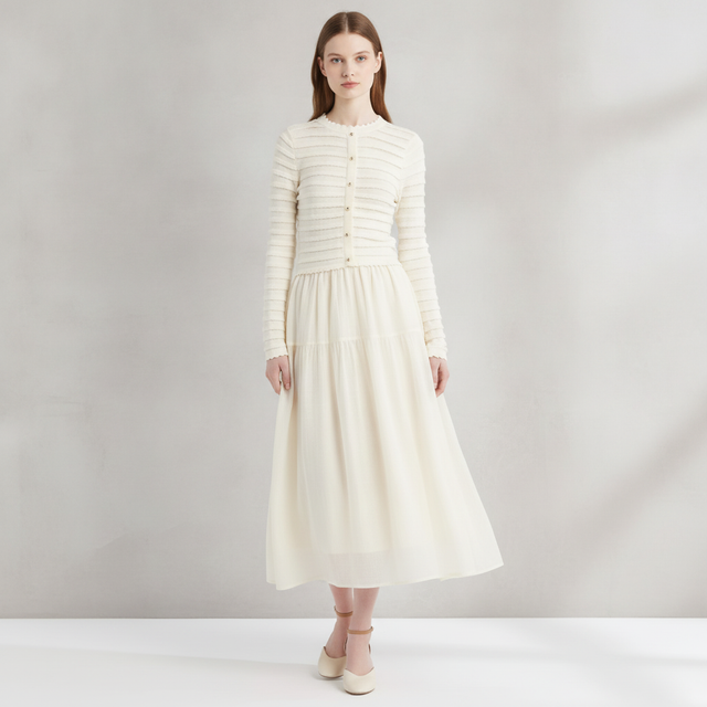 ZOE AND CLAIRE Mixed Media Long Sleeve Scallop Stitch Tiered Midi Dress - Ivory