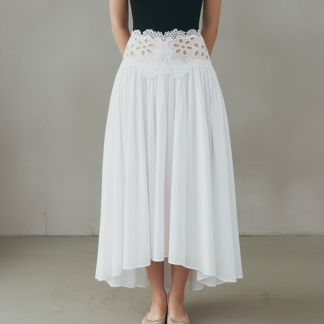 Women's White Lace-Detail Cotton Skirt
