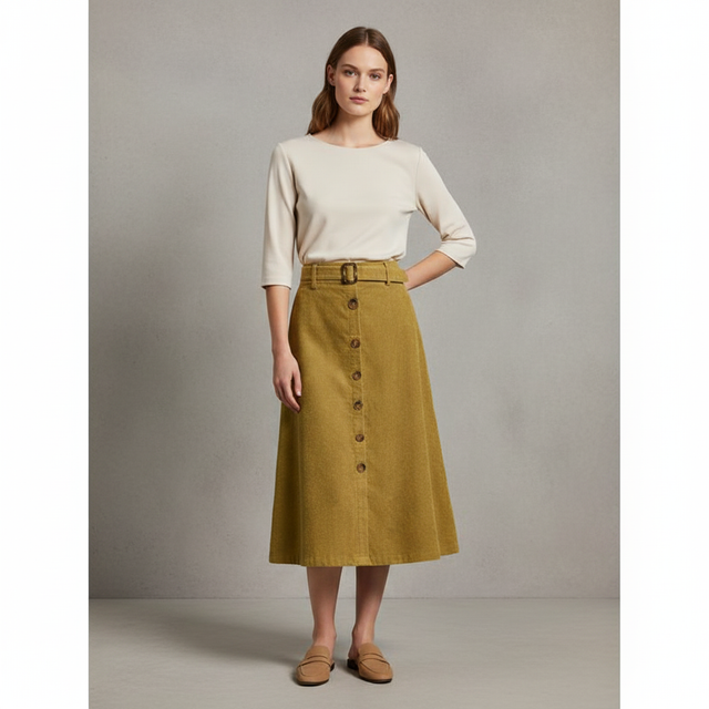 High Waist Solid ButtonCorduroy Midi Skirt Olive Yellow 