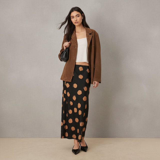 Wednesday's Girl Bias Cut Midaxi Skirt in Brown Polka Dots