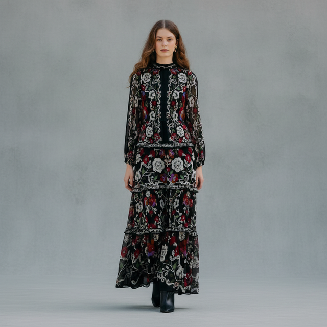 Black Rococo Flowers Ruffled Maxi Dress