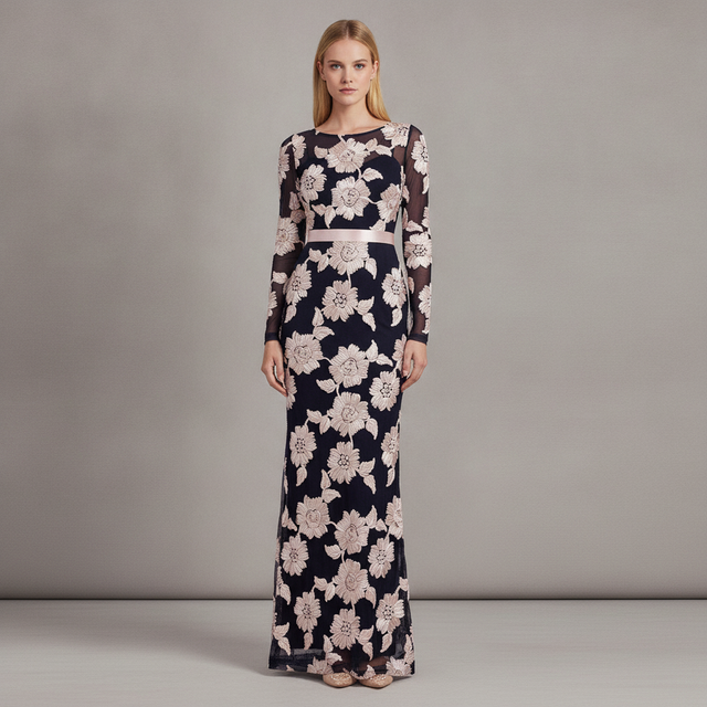 Petite Floral Embroidered Mesh Gown
