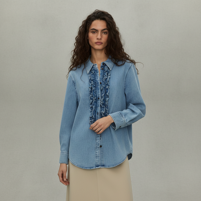 Women's Denim blue Ruffle-Trimmed Denim Shirt