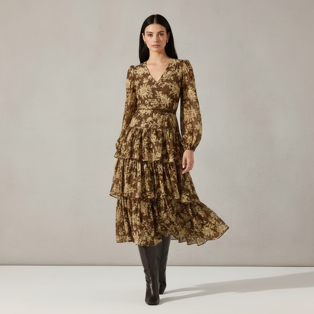 Franchesca Floral Long Sleeve Tiered Cotton Blend Dress