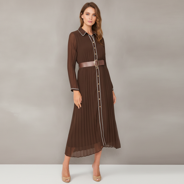 Vince Camuto Women's Long Sleeve Pleated Tipped Belted Shirtdress