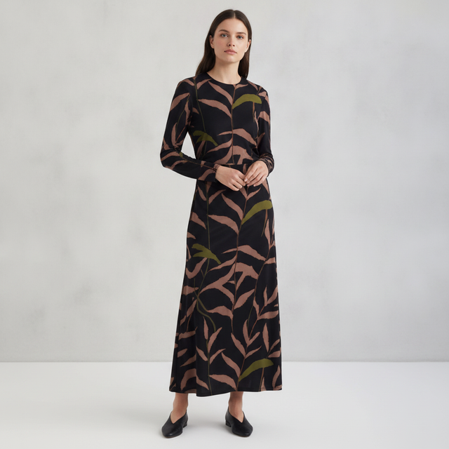 Abstract Print Long Sleeve Midi Dress