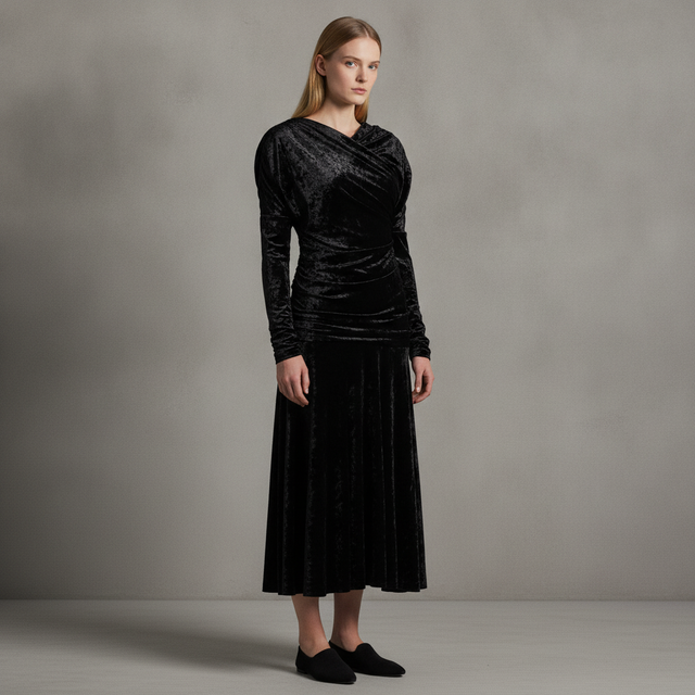 Ruched Velour Jersey A-Line Midi-Dress