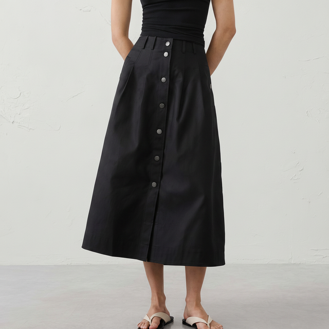 Seamed Button-Front Midi Skirt