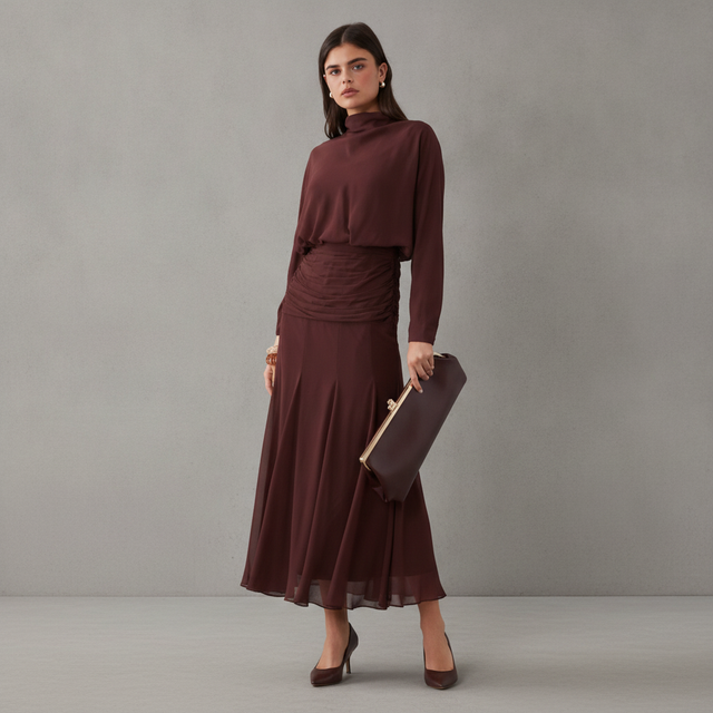 ASOS DESIGN chiffon shirred waist panel godet maxi dress in chocolate brown