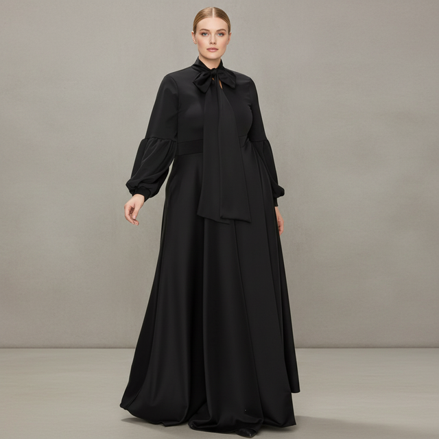 Plus Size Bella Donna Dress with Ribbon and Bishop Sleeves