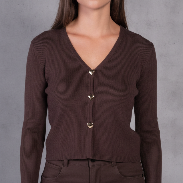 V-neck Cardi with Heart Buttons-Chocolate