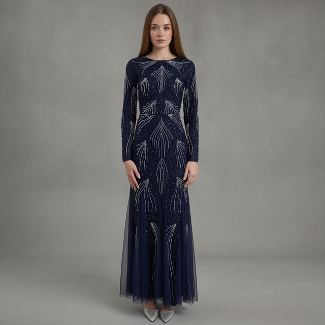 Women's Modest Embellished Sequin Beaded Dress Maxi With Designer Bottom