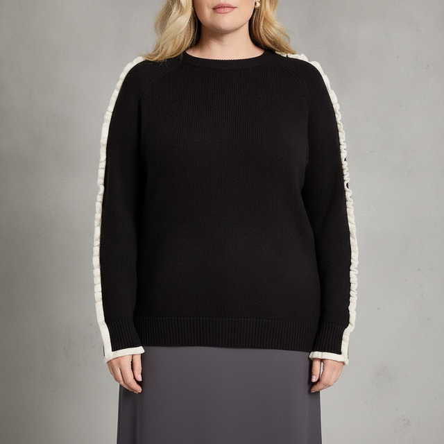 NIC+ZOE Plus Ruffled Down Round Neck Sweater - Black Onyx