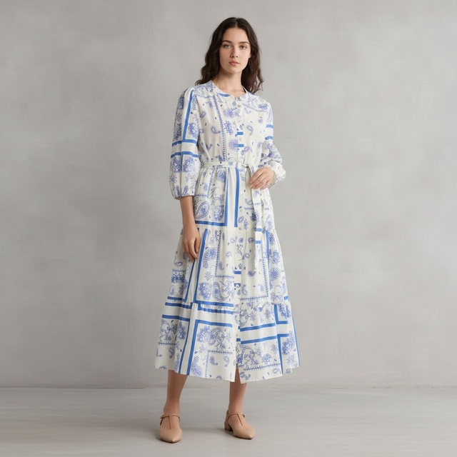 Bandana Print Belted Tiered Cotton Shirtdress Ellen Tracy