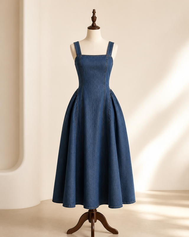 Flared-Skirt Twill Dress