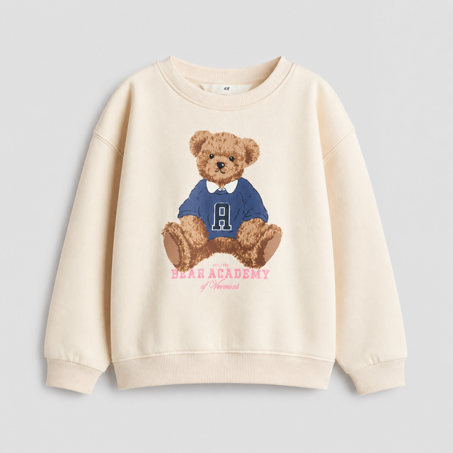Kids Brushed-Inside Sweatshirt with Printed Motif - Light Beige/Bear Academy