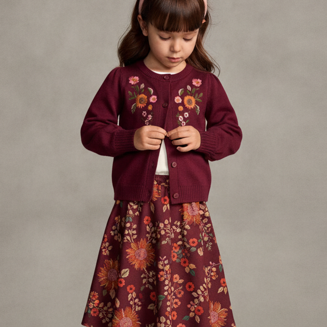 Girls Embroidered Floral Cardigan — Burgundy