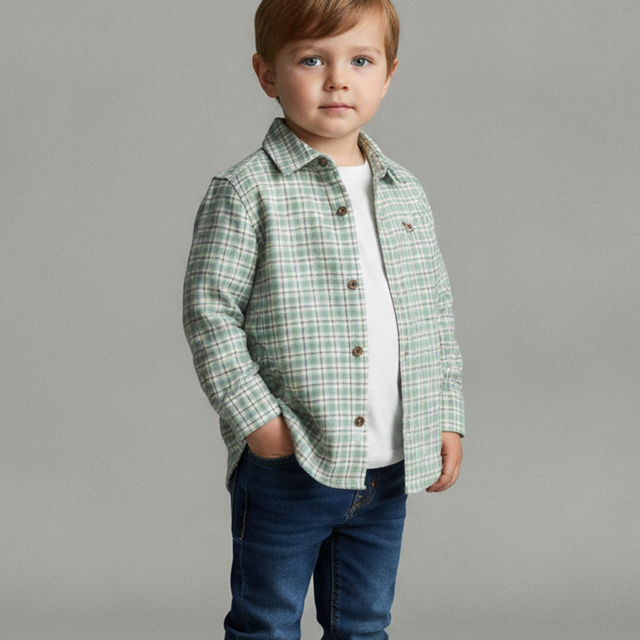 Toddler Boy Plaid Flannel Shirt — Green & White
