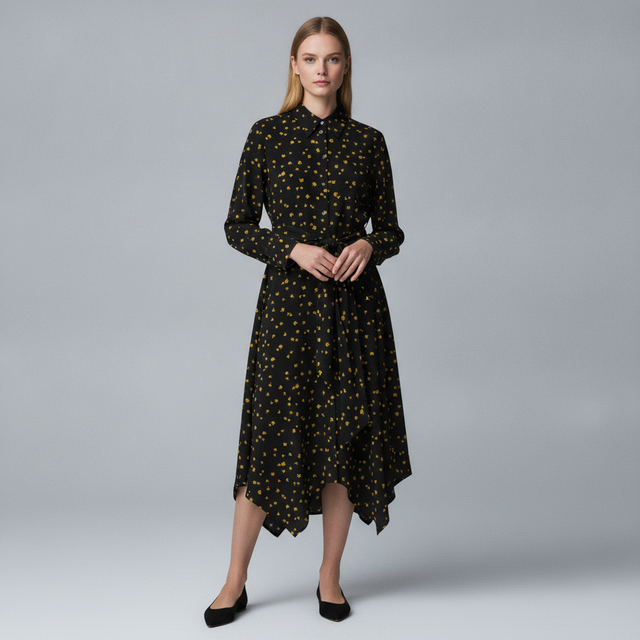 Tie-Detail Midi Shirt Dress - Black/Yellow flowers