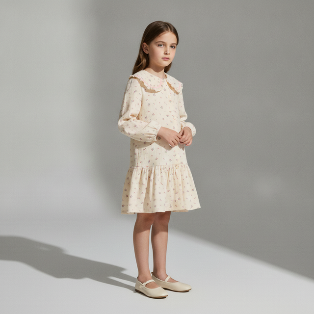 H&M Cotton Muslin Dress — Light Beige Floral