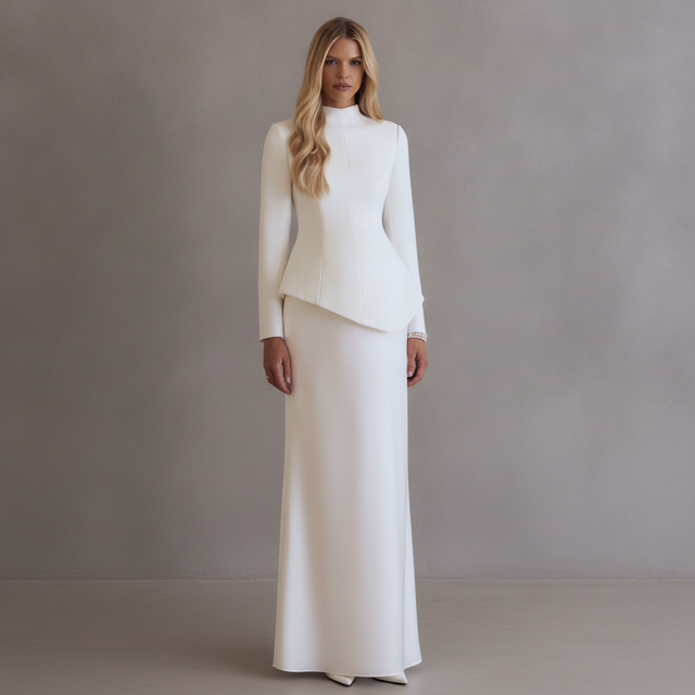 Pepita Cream High-Neck Tailored Maxi Dress With Drop-Waist And Satin Skirt