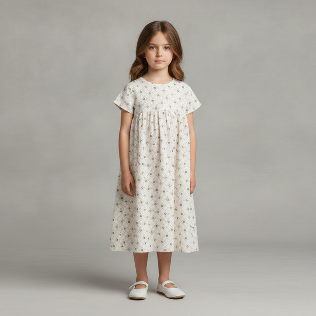 Girls Short-Sleeve Dress — Floral Grid Ivory