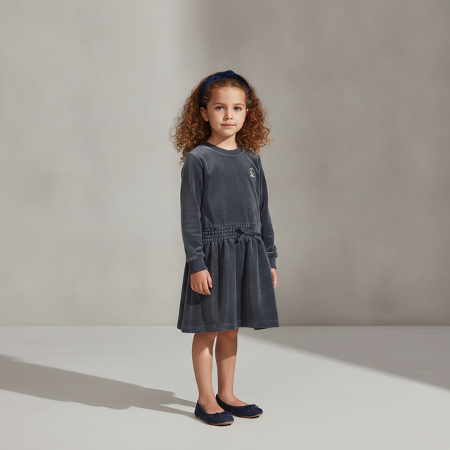 Velour Plaid Bear Dress — Blue