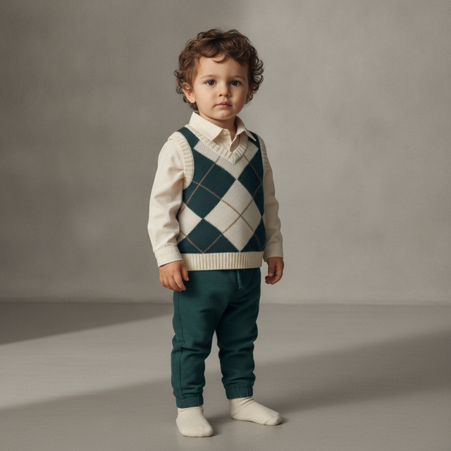 Baby Boy 3-Piece Argyle Layering Set — Green & Cream