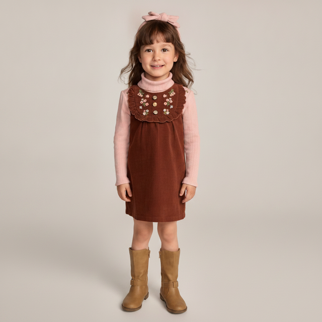 Girls Embroidered Corduroy Jumper — Brown