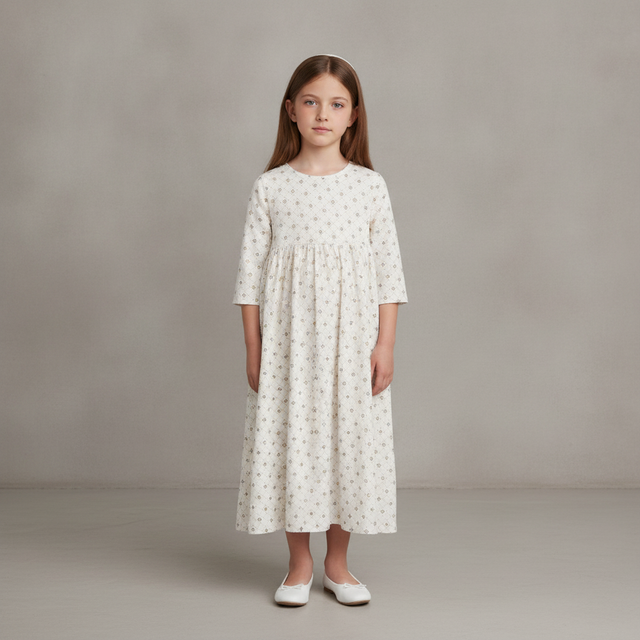 Girls 3/4-Sleeve Dress — Floral Grid Ivory