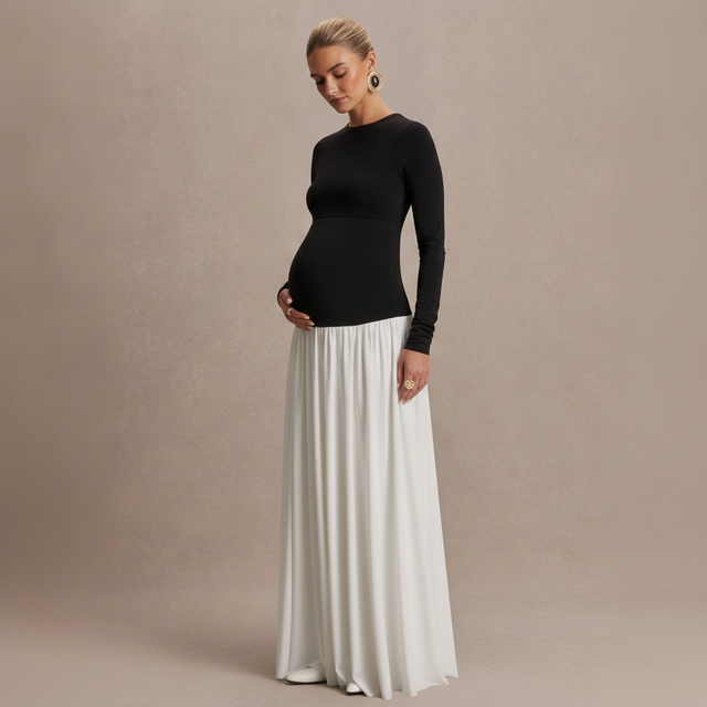 Monroe Black And White Crew-Neck Maternity Maxi Dress With Drop-Waist