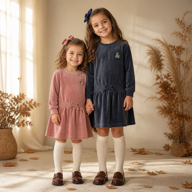 Velour Plaid Bear Dress — Pink